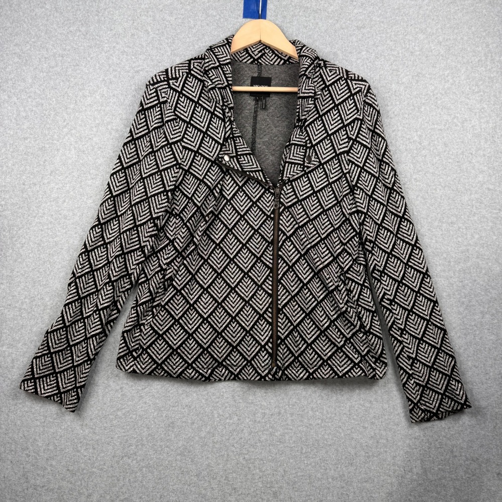 NIC+ZOE Jacket Womens Large Black White Moto Geometric Chevron Knit‎ Full Zip